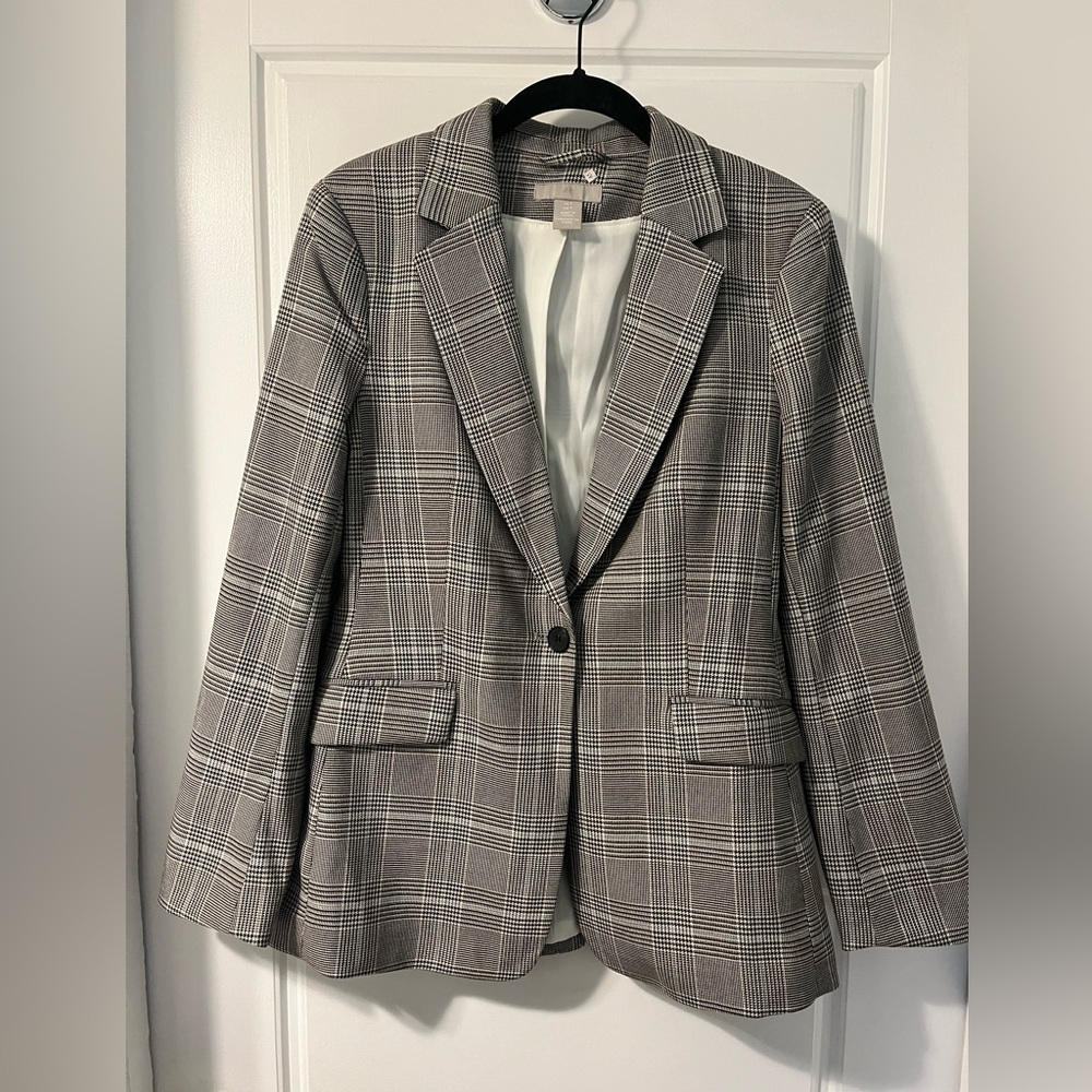 H&M Fitted Jacket/Blazer Checked Black/Light Blue/Light Beige Size Small